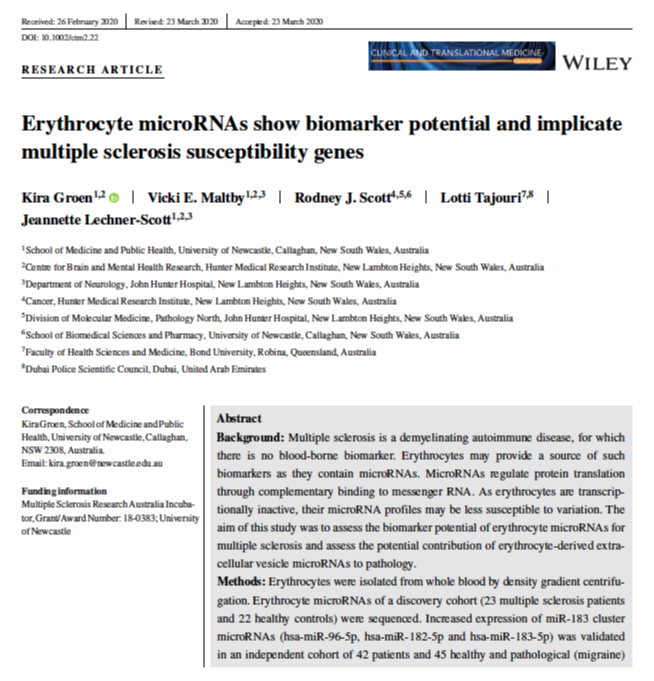 CTM期刊 |红细胞的microRNAs作为生物标志物可以靶向多发性硬化易感基因