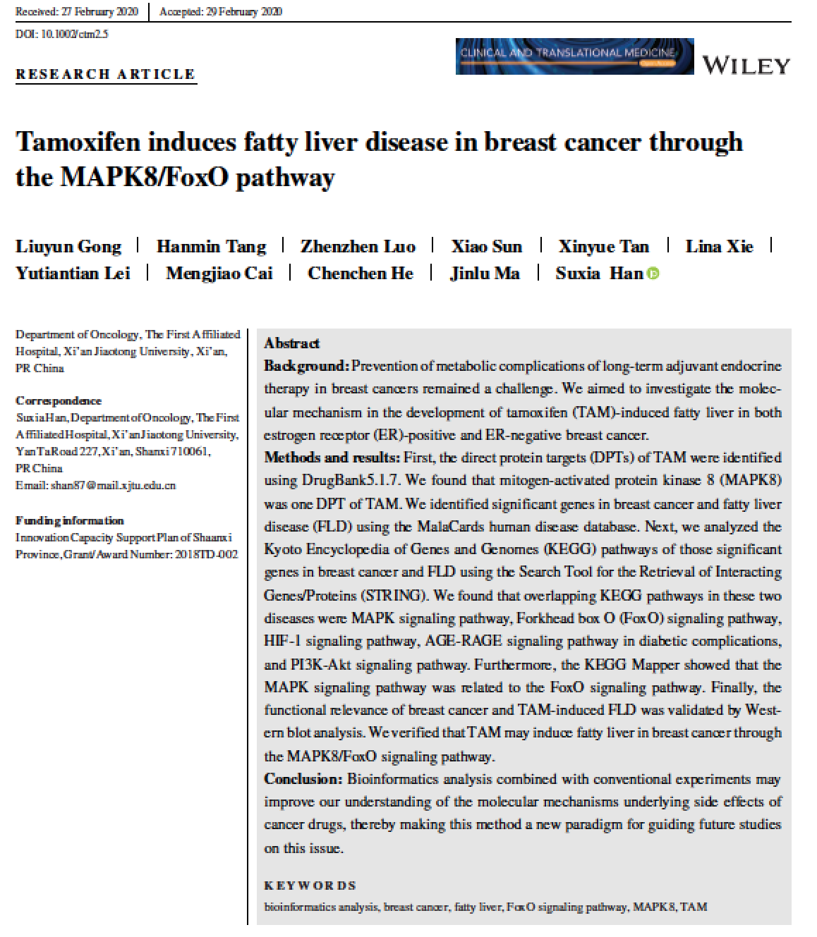 CTM期刊 |他莫昔芬在乳腺癌患者可以通过MAPK8/FoxO通路导致脂肪肝