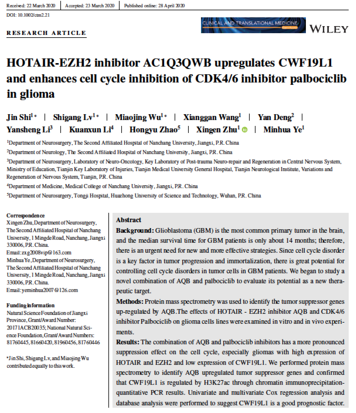 CTM期刊 |神经胶质瘤中HOTAIR-EZH2抑制剂AQB能上调CWF19L1并促进CDK4/6抑制剂帕博西尼对细胞周期的抑制