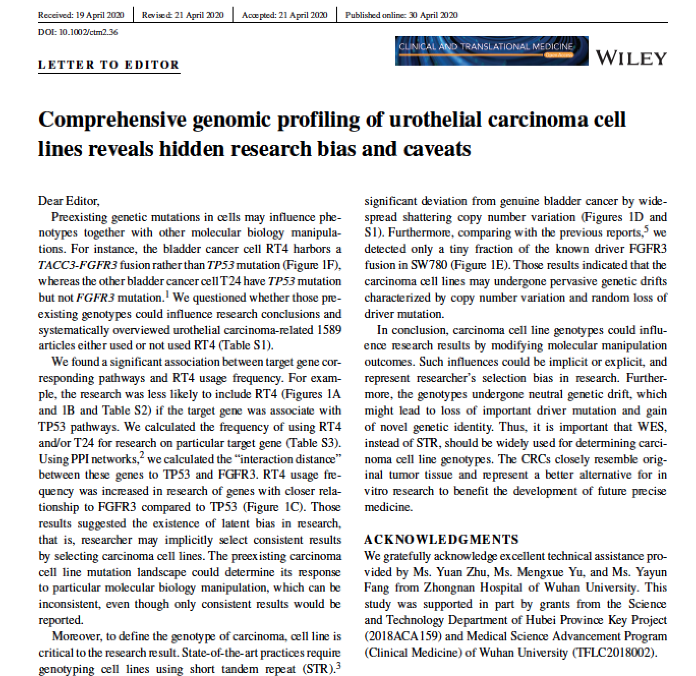 CTM期刊 |综合分析尿道上皮癌细胞系基因组信息可以发现一些隐藏的研究偏差和警示