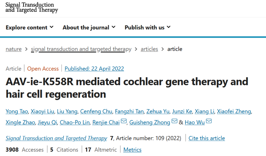 STTT | 上科大钟桂生团队与合作者开发新型AAV载体靶向耳聋基因治疗